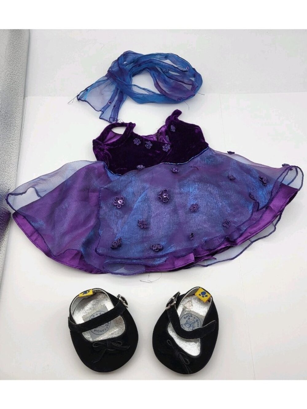 Fab Build A Bear BAB Purple Y2K Party Dress & Scarf Black Shoes